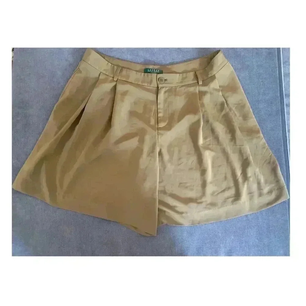 Ralph Lauren Woman's Olive Green Pleated High Waisted Button Shorts Size 14P